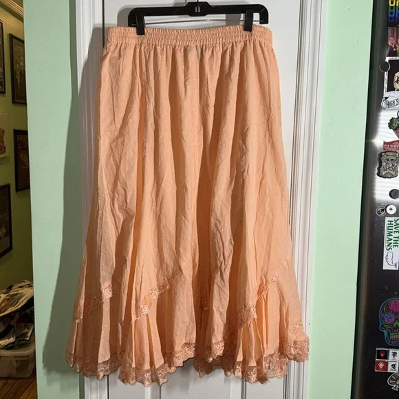 Romans Peach Lace Trim Boho 100% Cotton Maxi Skirt Fairy CottageCore Size 22 - Picture 8 of 10